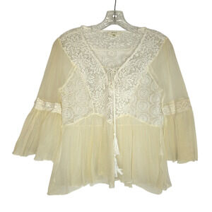 Love J beige mesh and lace sheer blouse with bell sleeves, size Medium